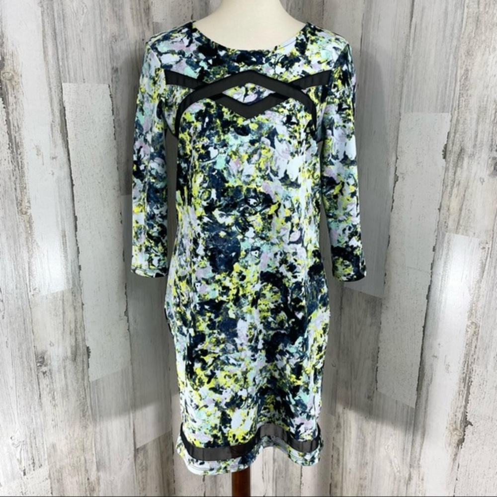 Love Fire Green Tie Dye Mesh Sheer Long‎ Sleeve Scoop Neck Shift Dress Mini Sz M